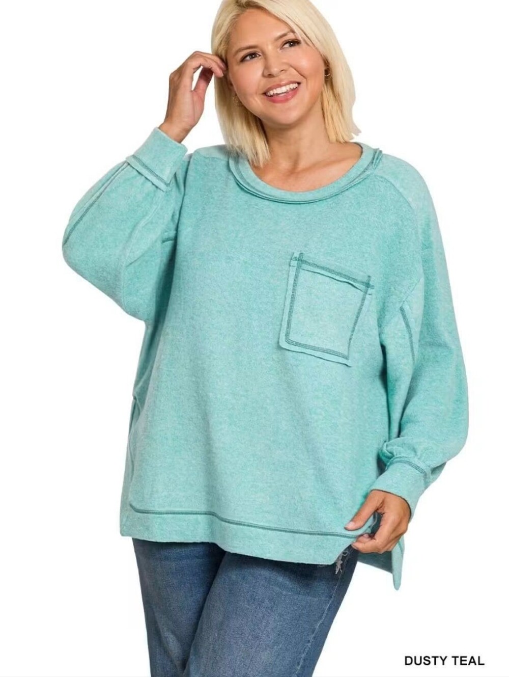 New Zenana Dusty Teal Brushed Hacci Top
